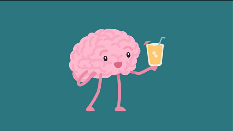 Pink brain holding a cup