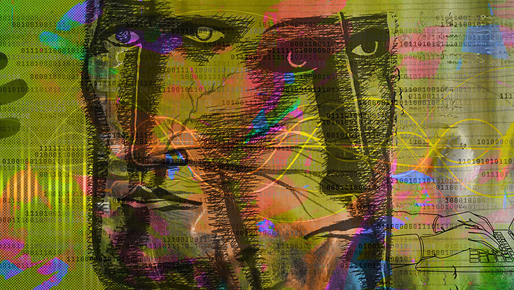 Two faces one a colorful background