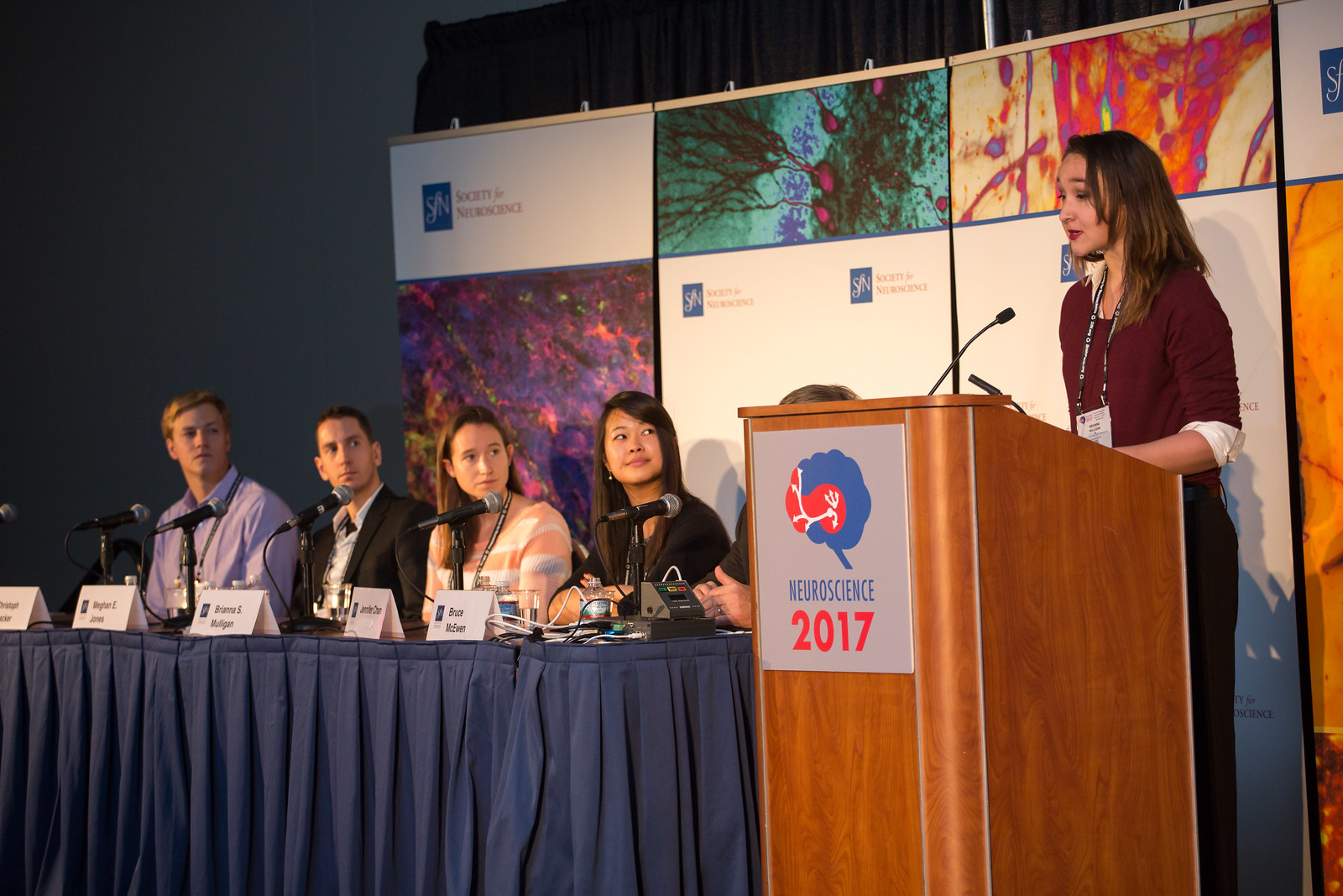person speaking at a podium at Neuroscience 2017
