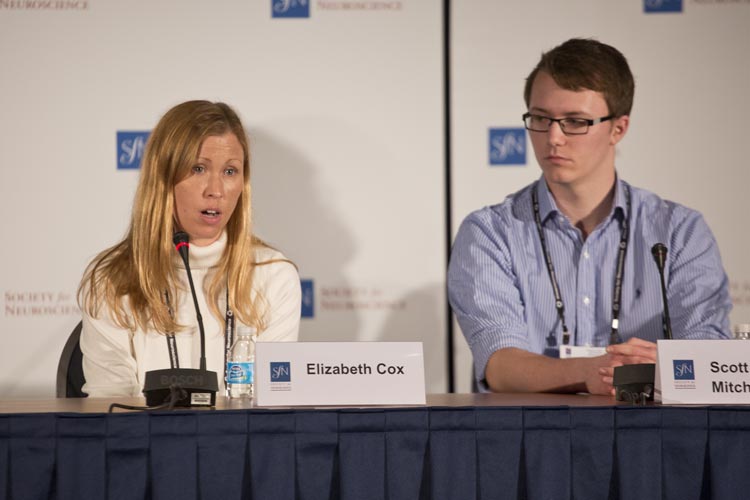 Elizabeth Cox presents at an SfN press conference about the developing brain.