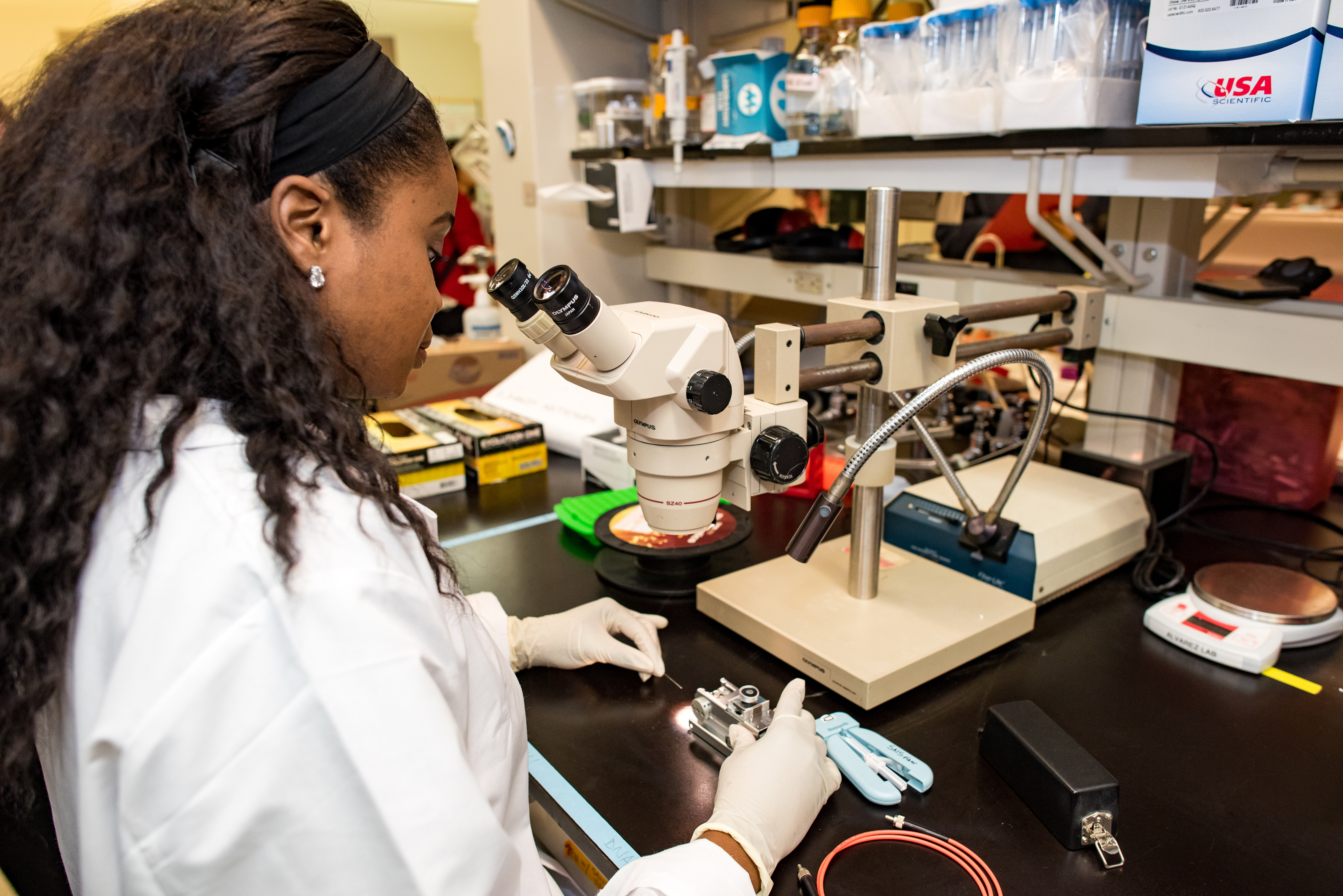 Person looking into a microscope in a lab
