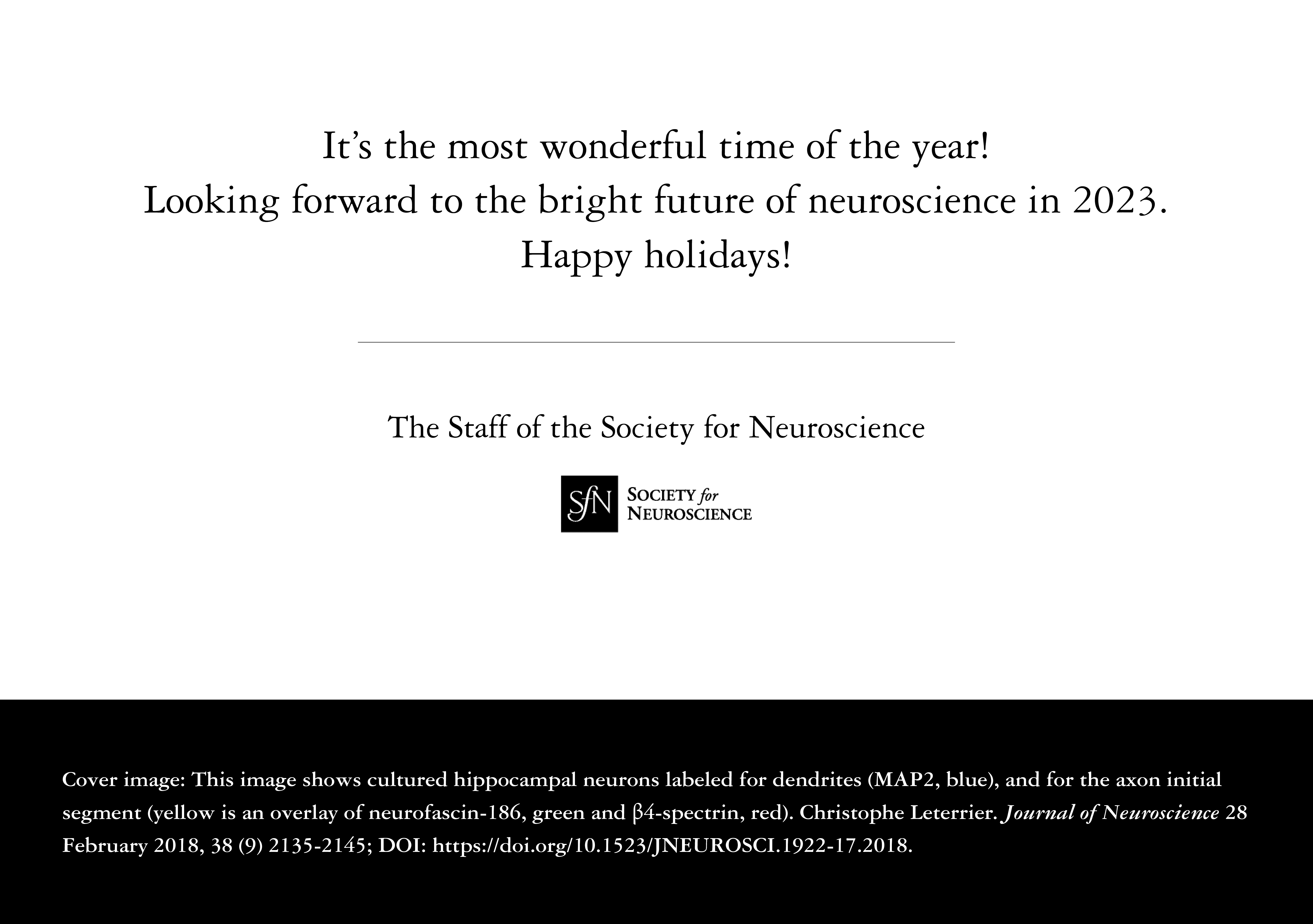 It’s the most wonderful time of the year! Looking forward to the bright future of neuroscience in 2023. Happy holidays! - The Staff of the Society for Neuroscience. Cover image: This image shows cultured hippocampal neurons labeled for dendrites (MAP2, blue), and for the axon initial segment (yellow is an overlay of neurofascin-186, green and β4-spectrin, red). Christophe Leterrier. Journal of Neuroscience 28 February 2018, 38 (9) 2135-2145; DOI: https://doi.org/10.1523/JNEUROSCI.1922-17.2018.