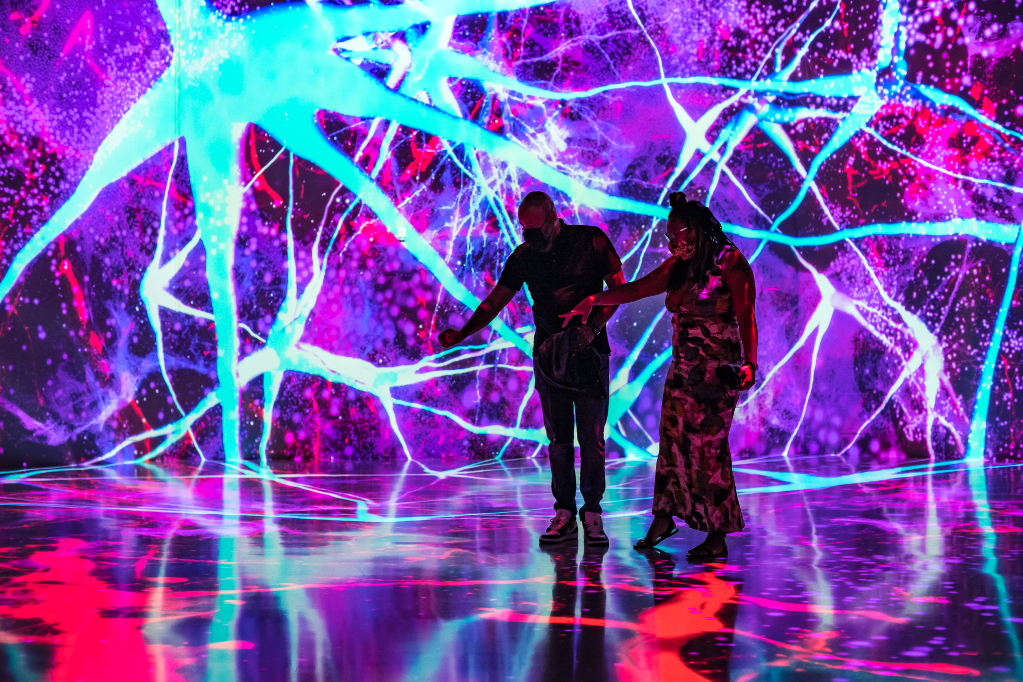 An image of two people observing the main display at the life of a Neuron exhibit from the SfN and ARTECHOUSE collaboration.