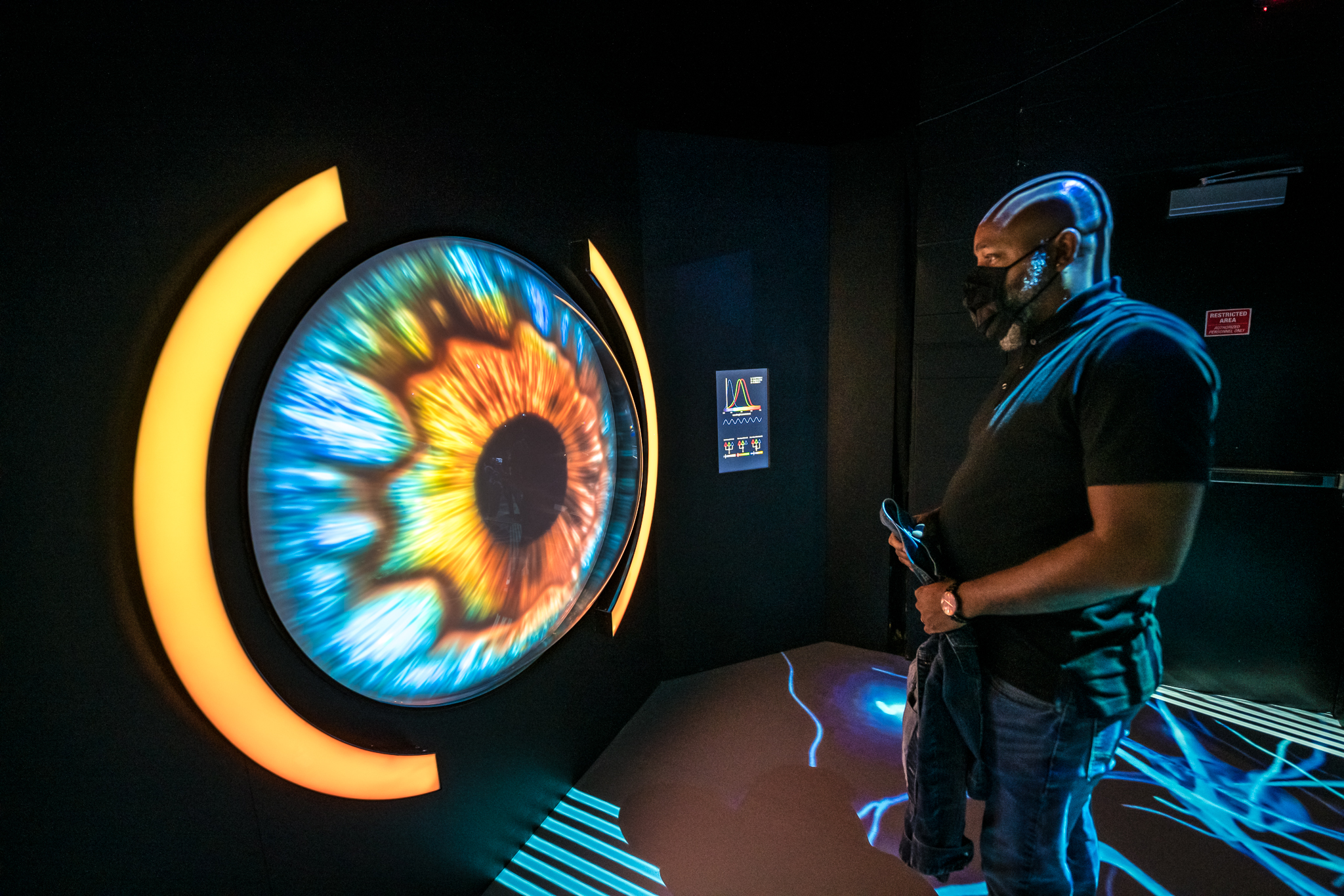 Image of a man interacting with the vision display at the SfN and ARTECHOUSE collaboration exhibit.