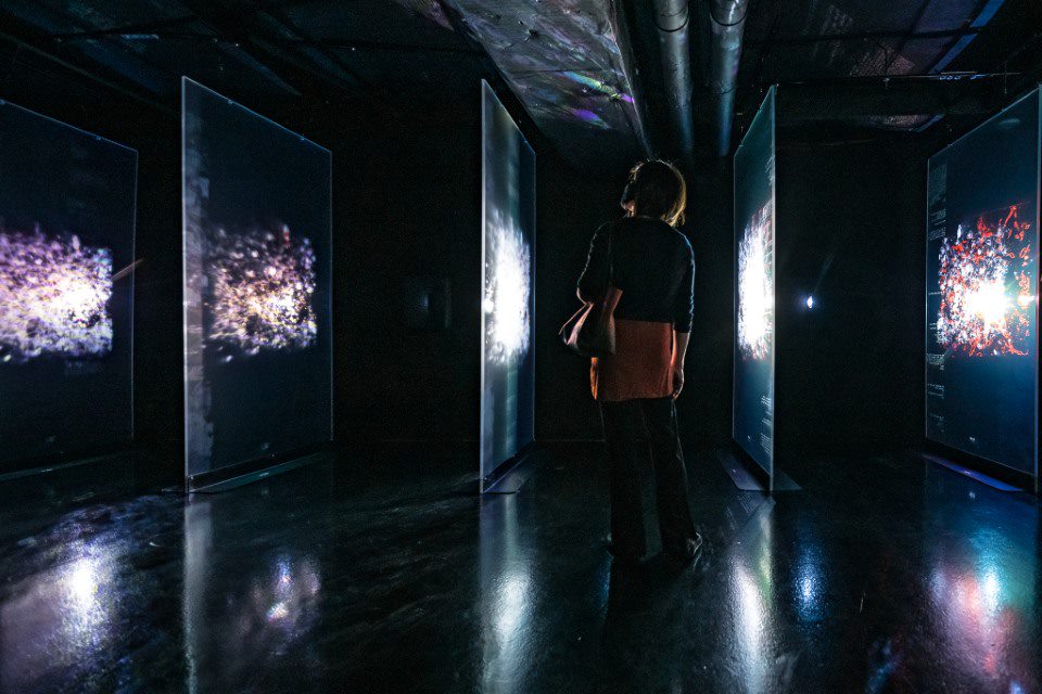 a woman walks through an exhibit by ARTECHOUSE that depicts the brain's response to stress