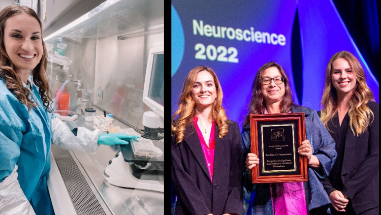 Kimberly Fiock (left), and the Knowing Neurons team of Alba Peris-Yagüe (right) and Arielle Hogan (far right) were all awarded the Next Generation Award in 2022.