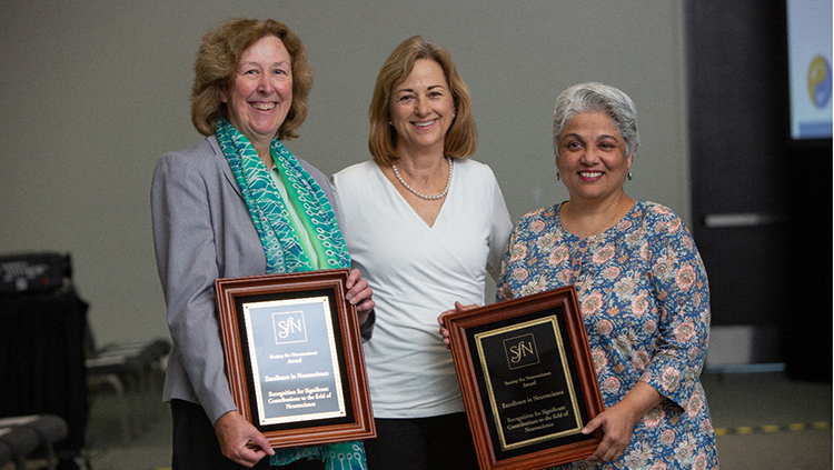 Alice Cronin-Golomb, PhD (left), of the Department of Psychological and Brain Sciences at Boston University and Shubha Tole, PhD (right), of the Tata Institute of Fundamental Research Department of Biological Sciences were both awarded the Bernice Grafstein Award for Outstanding Accomplishments in Mentoring in 2022.