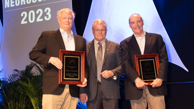 Raymond Dingledine, PhD (left), of Emory University and Mark Bear, PhD (right), of the Massachusetts Institute of Technology, were awarded the Julius Axelrod Prize in 2023.