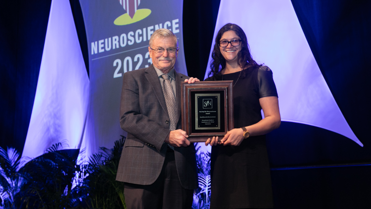 Angel Kaur, PhD (right), of the University of North Carolina, Asheville was awarded the Award for Education in Neuroscience in 2023.