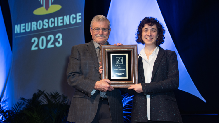Gily Ginosar, PhD (right), of the Weizmann Institute of Science was awarded the Nemko Prize in Cellular or Molecular Neuroscience in 2023.