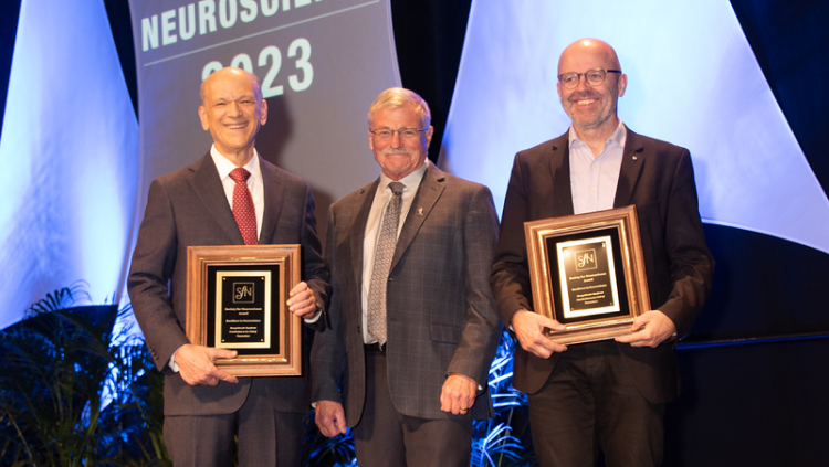 Eric Nestler, MD, PhD (left), of the Icahn School of Medicine at Mount Sinai and Christian Lüscher, MD (right), of the University of Geneva were awarded the Peter Seeburg Integrative Neuroscience Prize in 2023.