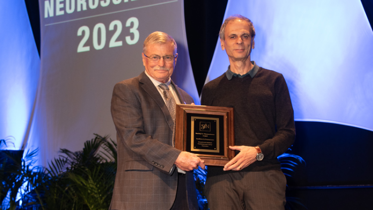 Misha Tsodyks, PhD (right), of the Weizmann Institute of Science and the Institute for Advanced Study, Princeton was awarded the Swartz Prize for Theoretical and Computational Neuroscience in 2023.