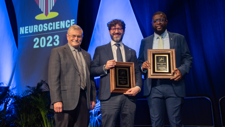 Marco Capogrosso, PhD (center), of the University of Pittsburgh and Ishmail Abdus-Saboor, PhD (right), of Columbia University were awarded the Young Investigator Award in 2023.