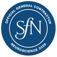 Blue circular graphic with the words SfN Official General Contractor Neuroscience 2026