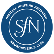 Blue circular graphic with the words SfN Official Housing Provider Neuroscience 2026