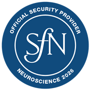 Blue circular graphic with the words SfN Official Security Provider Neuroscience 2026