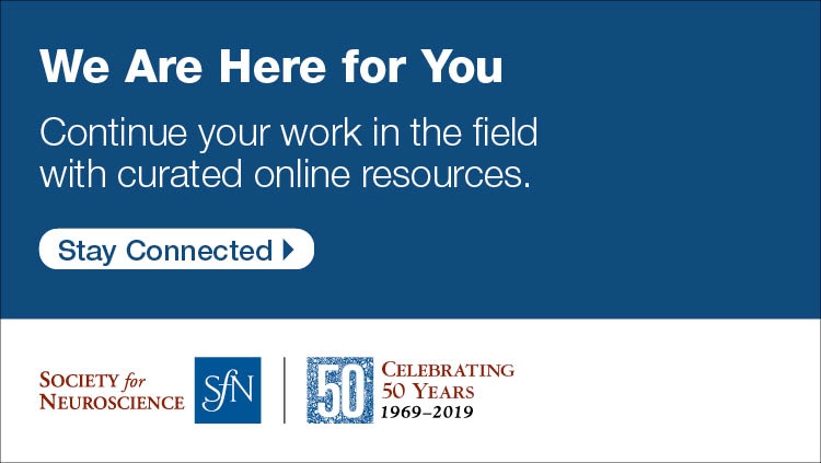 We are here for you. Continue your work in the field with curated online resources. Stay connected. SfN 50th Anniversary logo.