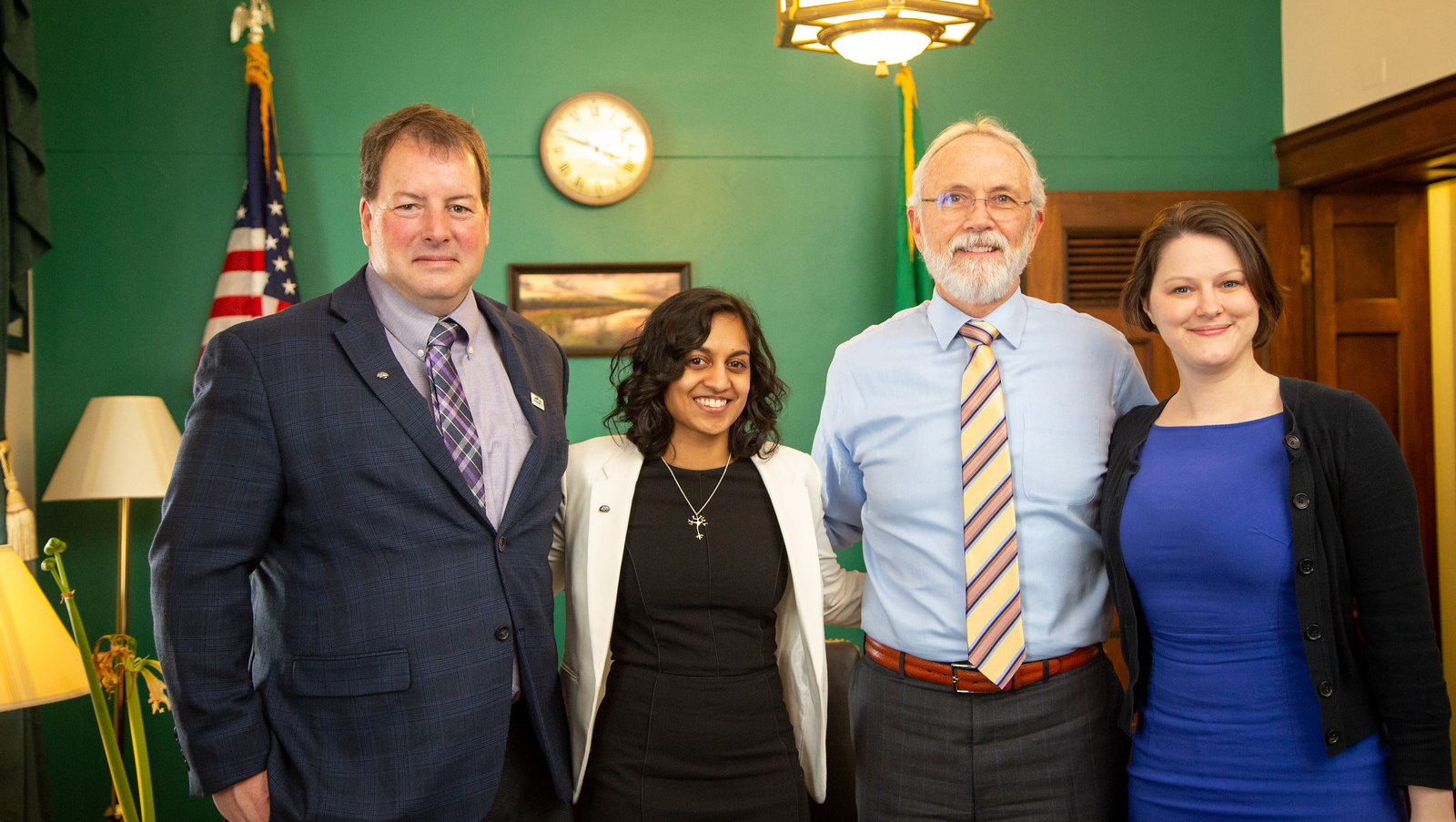 SfN advocates Ed Bilsky, 2019 Early Career Policy Ambassador Priyanka Bushana, and Mollie Marr wrap up a successful meeting with Rep. Dan Newhouse (R-WA) (second from right).