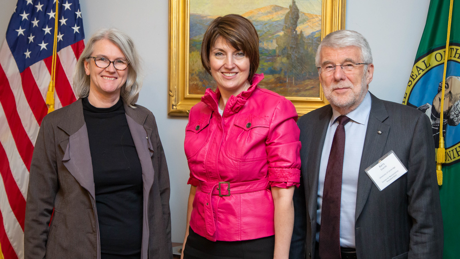 SfN President Diane Lipscombe (left), Rep. Cathy McMorris Rodgers (WA), and SfN President-Elect Barry Everitt meet during 2019 Capitol Hill Day.