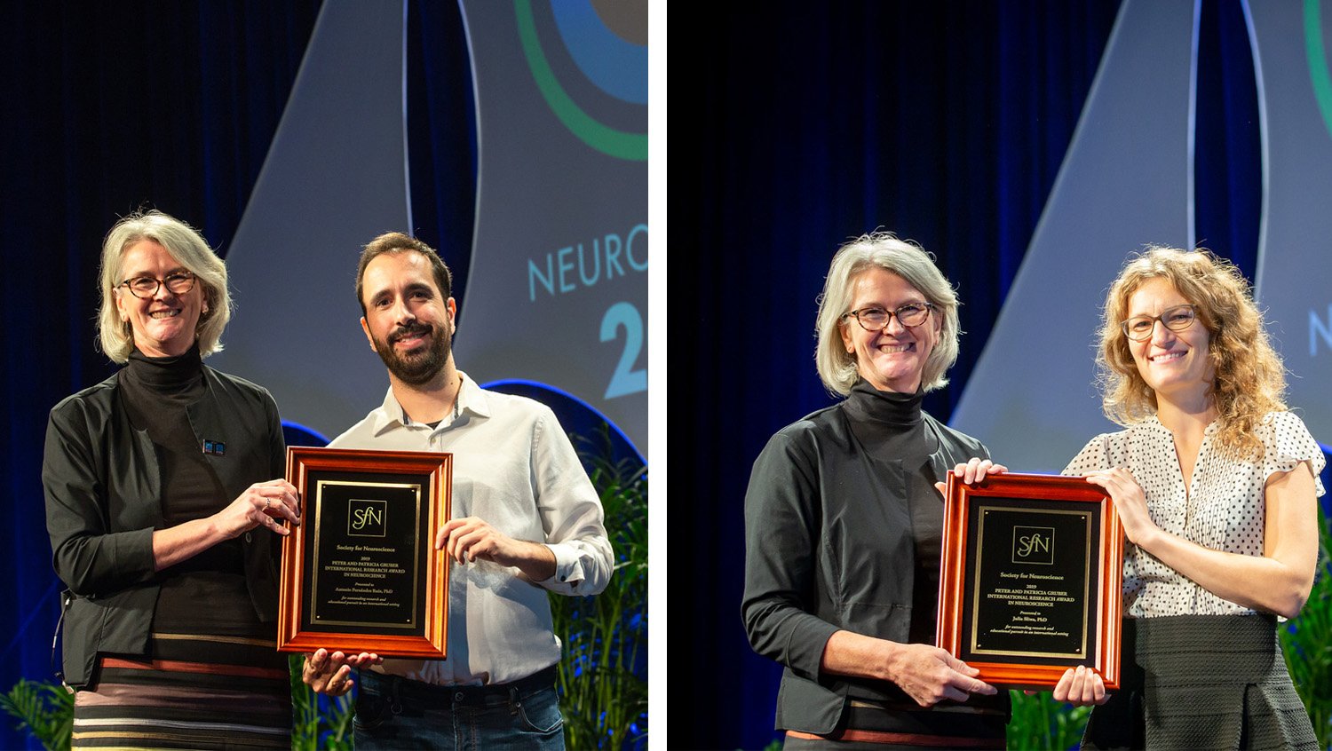 Antonio Fernández Ruiz, PhD (left), of the New York University Medical Center, and Julia Sliwa, PhD (right), of The Rockefeller University, accept the Peter and Patricia Gruber International Research Award.
