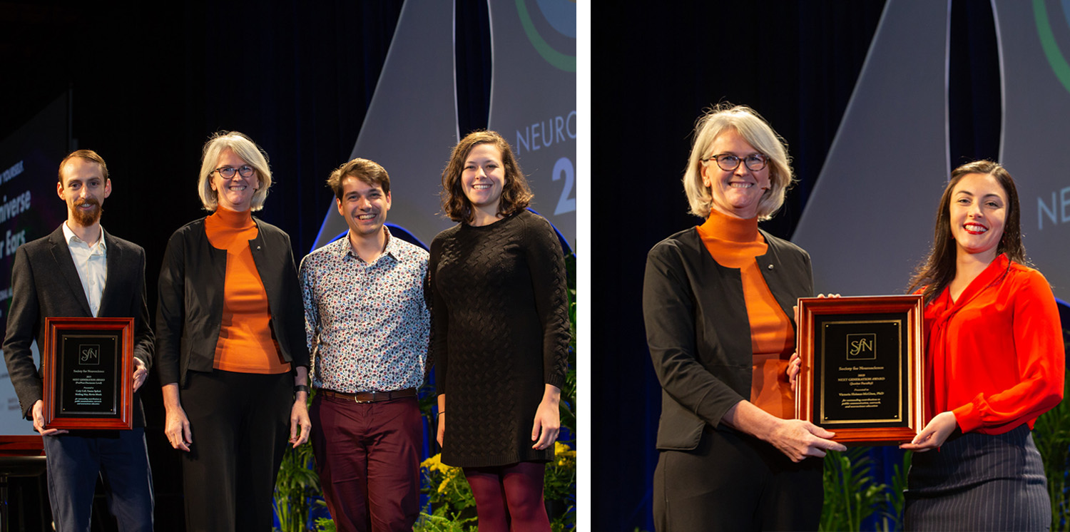 Cody Call, Kevin Monk, and Emma Spikol (from left), of Johns Hopkins University and Victoria Heimer-McGinn, PhD (right), of Roger Williams University, accept the Next Generation Award.