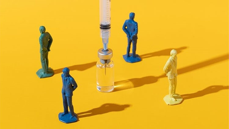 image of four GI Joe Action Figures surrounding a syringe with the needle stuck in a glass medicine bottle.