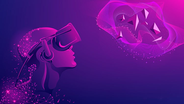 Cartoon image of using virtual reality goggles.