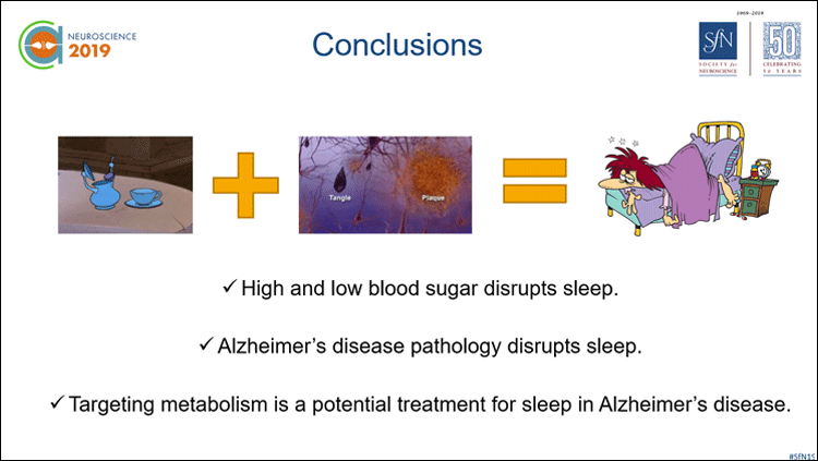 Slide "Conclusions: High and low blood sugar disrupts sleep, Alzheimer's disease pathology disrupts sleep, targeting metabolism is a potential treatment for sleep in Alzheimer's disease"