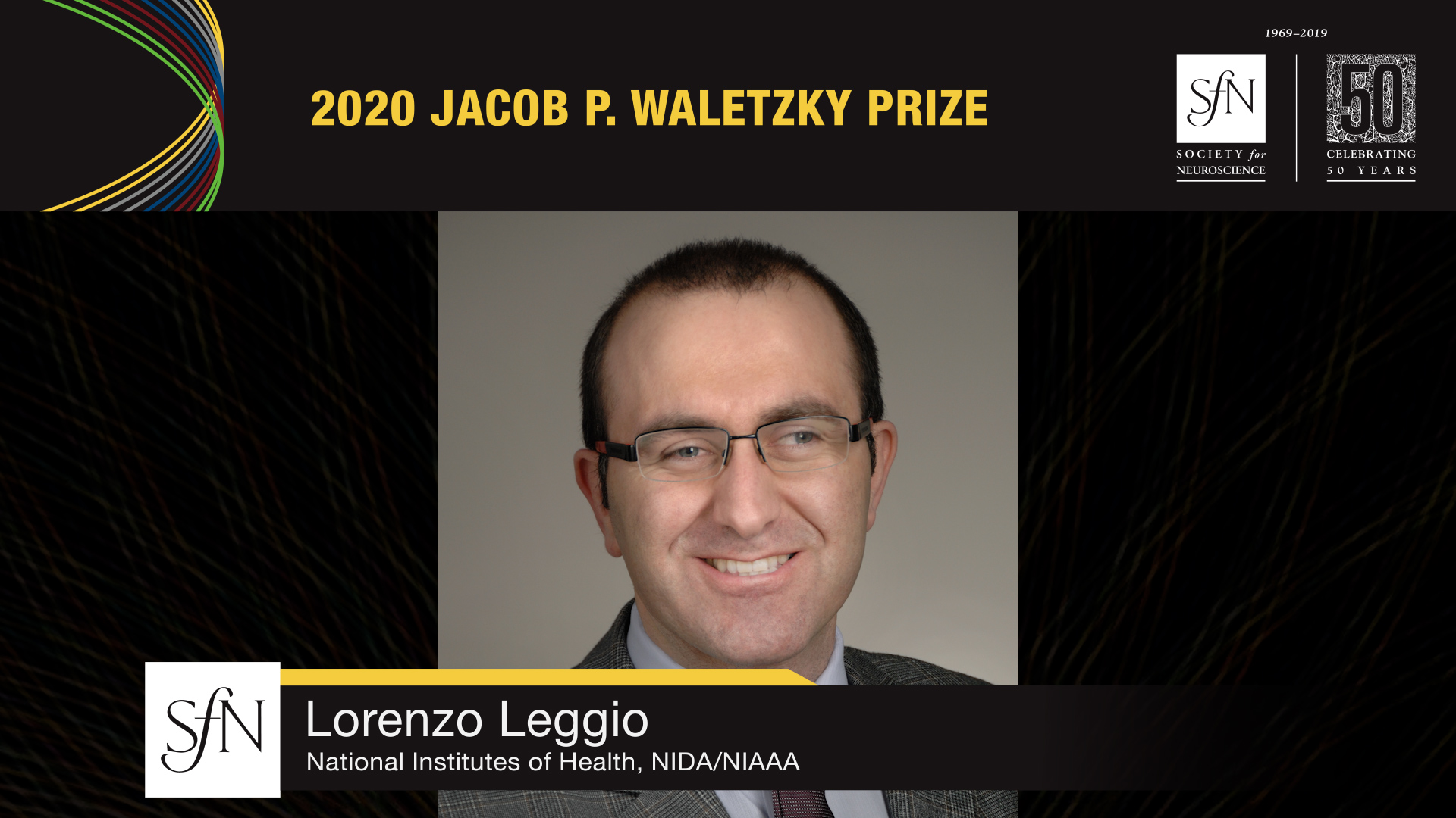 2020 Jacob P. Waletzky Prize award winner graphic, image of Lorenzo Leggio National Institutes of Health, NIDA/NIAAA