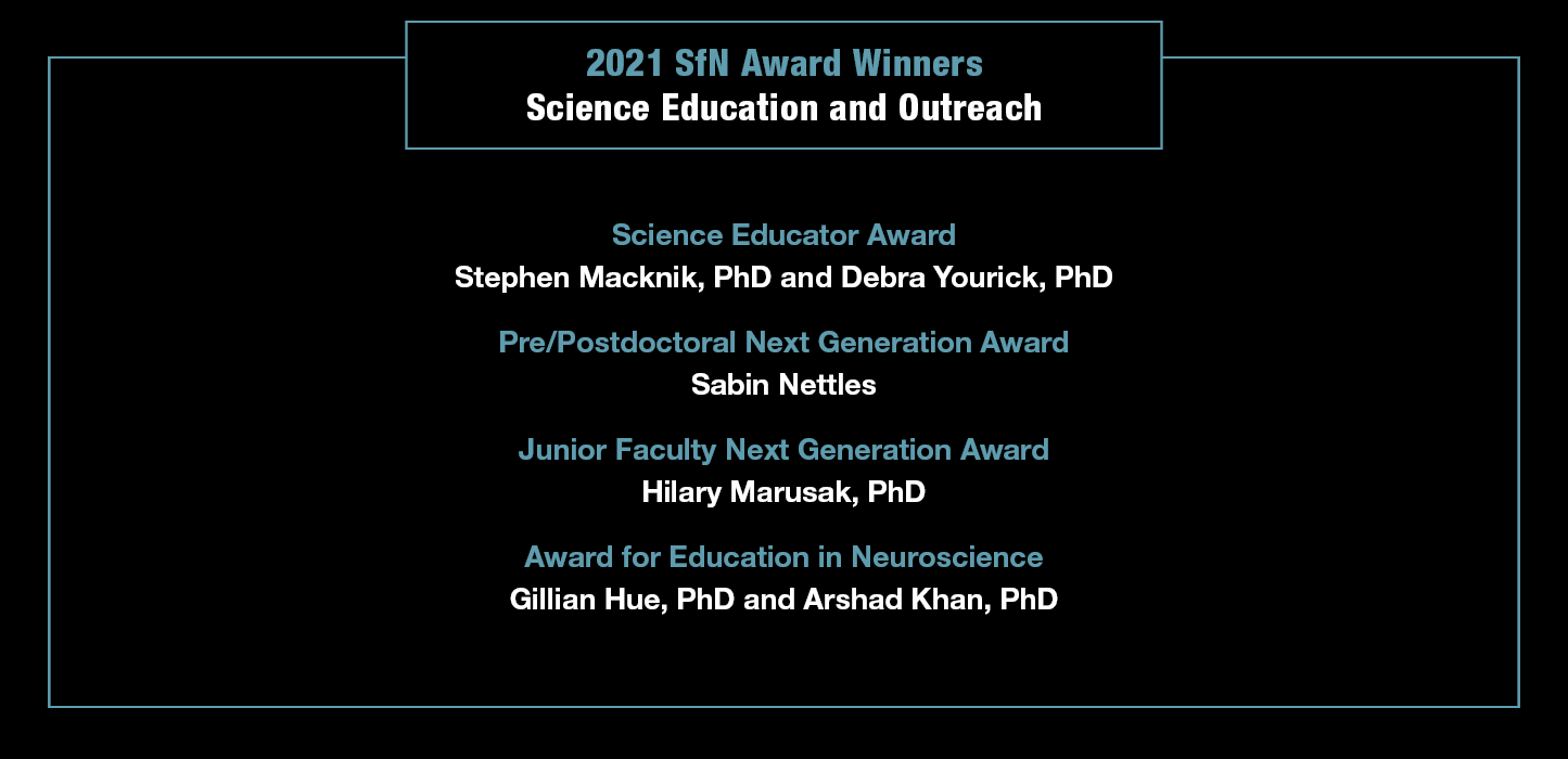 List of SfN 2021 Science Education and Outreach Award winners. Science Educator Award: Stephen Macknik and Debra Yourick. Pre/Postdoctoral Next Generation Award: Sabin Nettles. Junior Faculty Next Generation Award: Hilary Marusak. Award for Education in Neuroscience: Gillian Hue and Arshad Khan. 