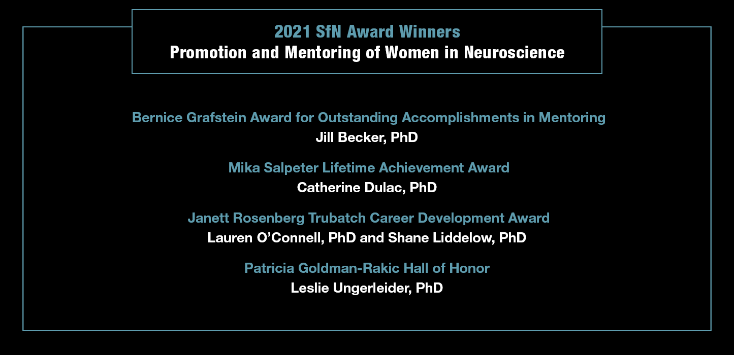 2021 SfN Award Winners for the Promotion and Mentoring of Women in Neuroscience. Bernice Grafstein Award for Outstanding Accomplishments in Mentoring: Jill Becker. Mika Salpeter Lifetime Achievement Award: Catherine Dulac. Janett Rosenberg Trubatch Career Development Award: Shane Liddelow and Lauren O’Connell. Patricia Goldman-Rakic Hall of Honor: Leslie Ungerleider.